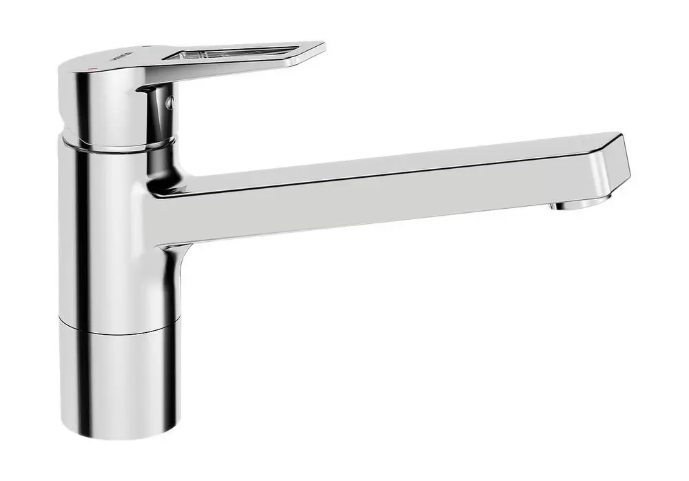 Einhebelmischer Küchenarmatur von HANSA mit gebürstetem Chrom-Finish und einem langen seitlichen Auslauf für die Wasserabgabe.